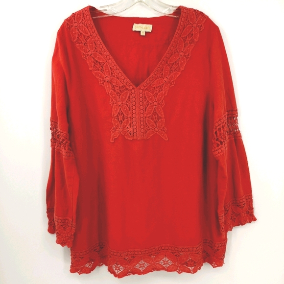 Lucy & Laurel Women's 1X Salmon Lace Long Blouse